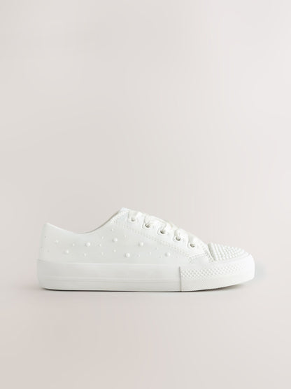 White Pearl Embellished Lace Up Occasion Trainers image 3