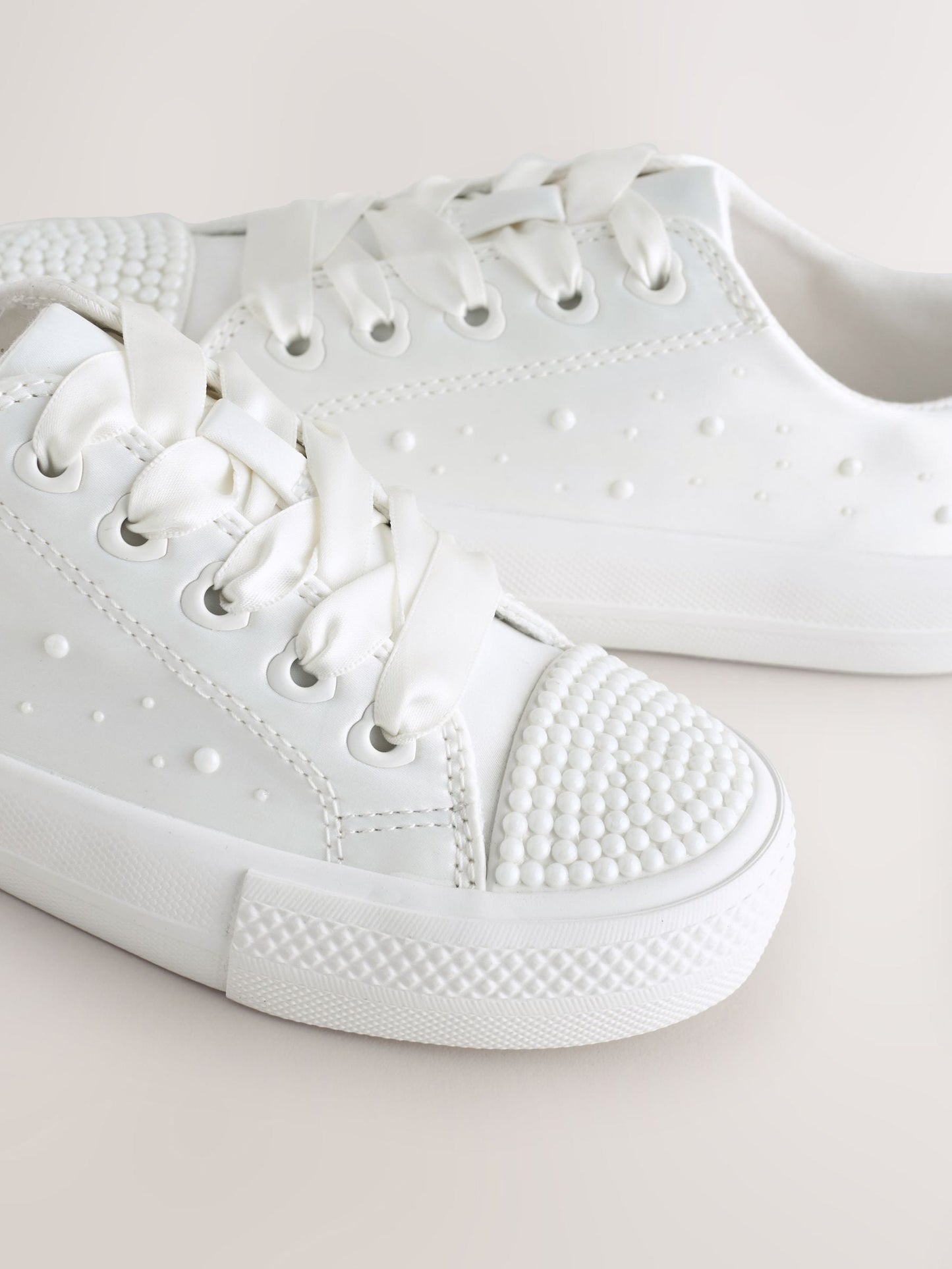 White Pearl Embellished Lace Up Occasion Trainers image 4