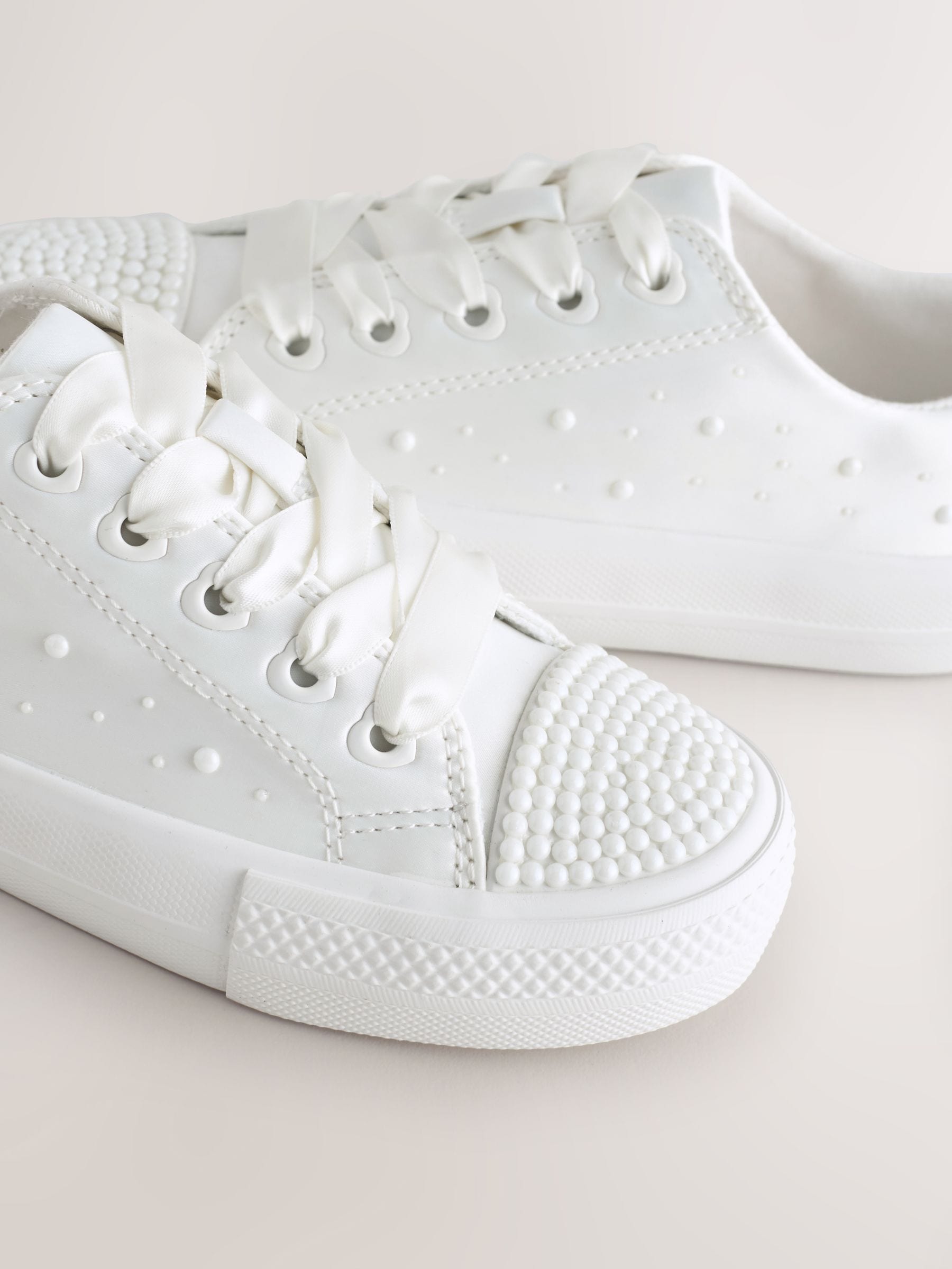 White Pearl Embellished Lace Up Occasion Trainers image 4