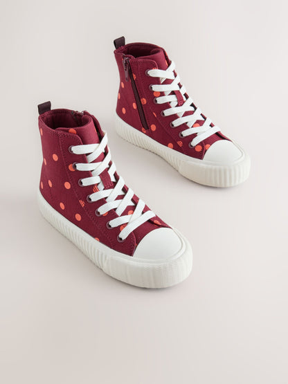 Burgundy Red Polka Dot Standard Fit (F) Lace Up High Top Trainers image 1