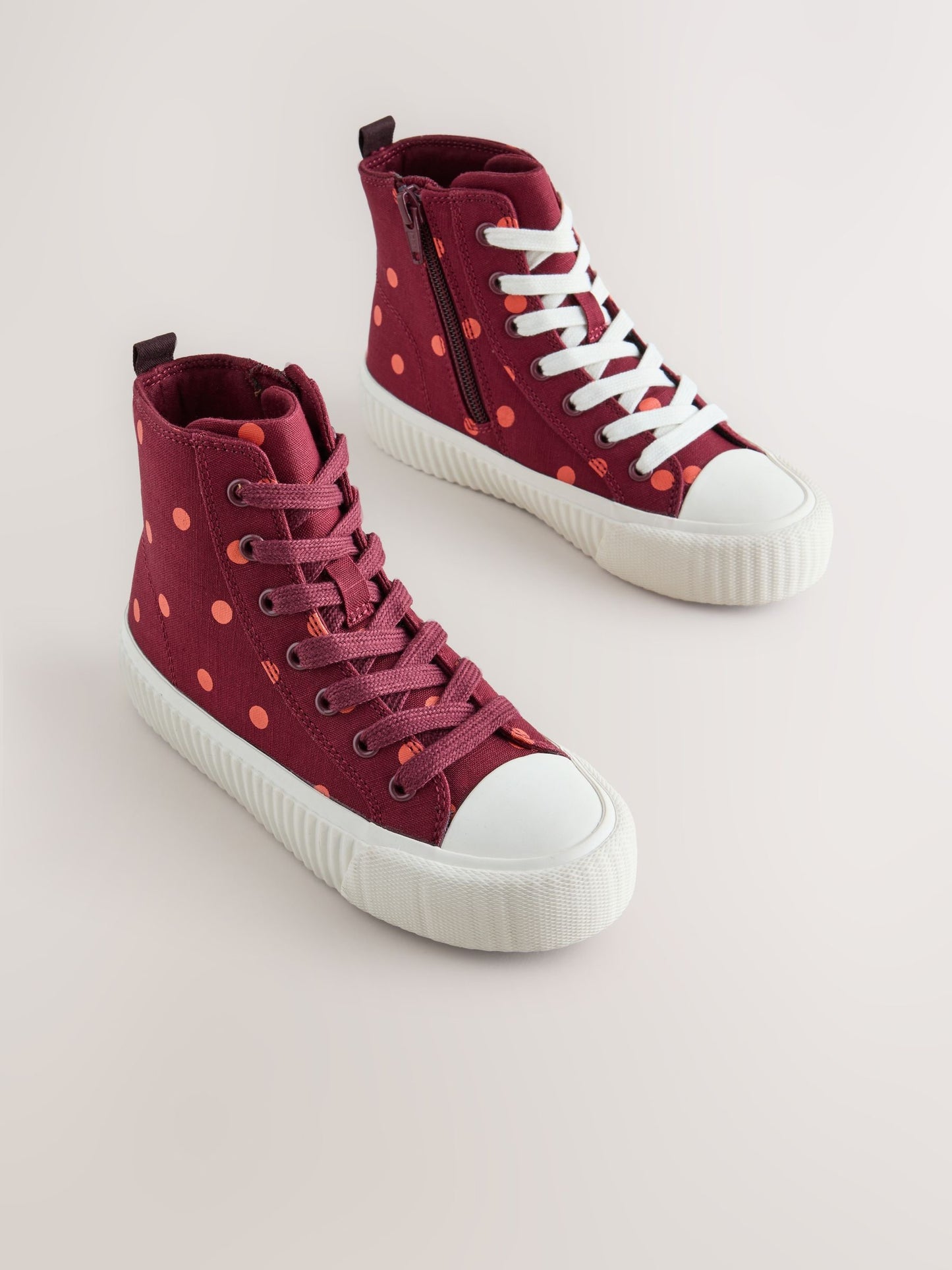 Burgundy Red Polka Dot Standard Fit (F) Lace Up High Top Trainers image 2