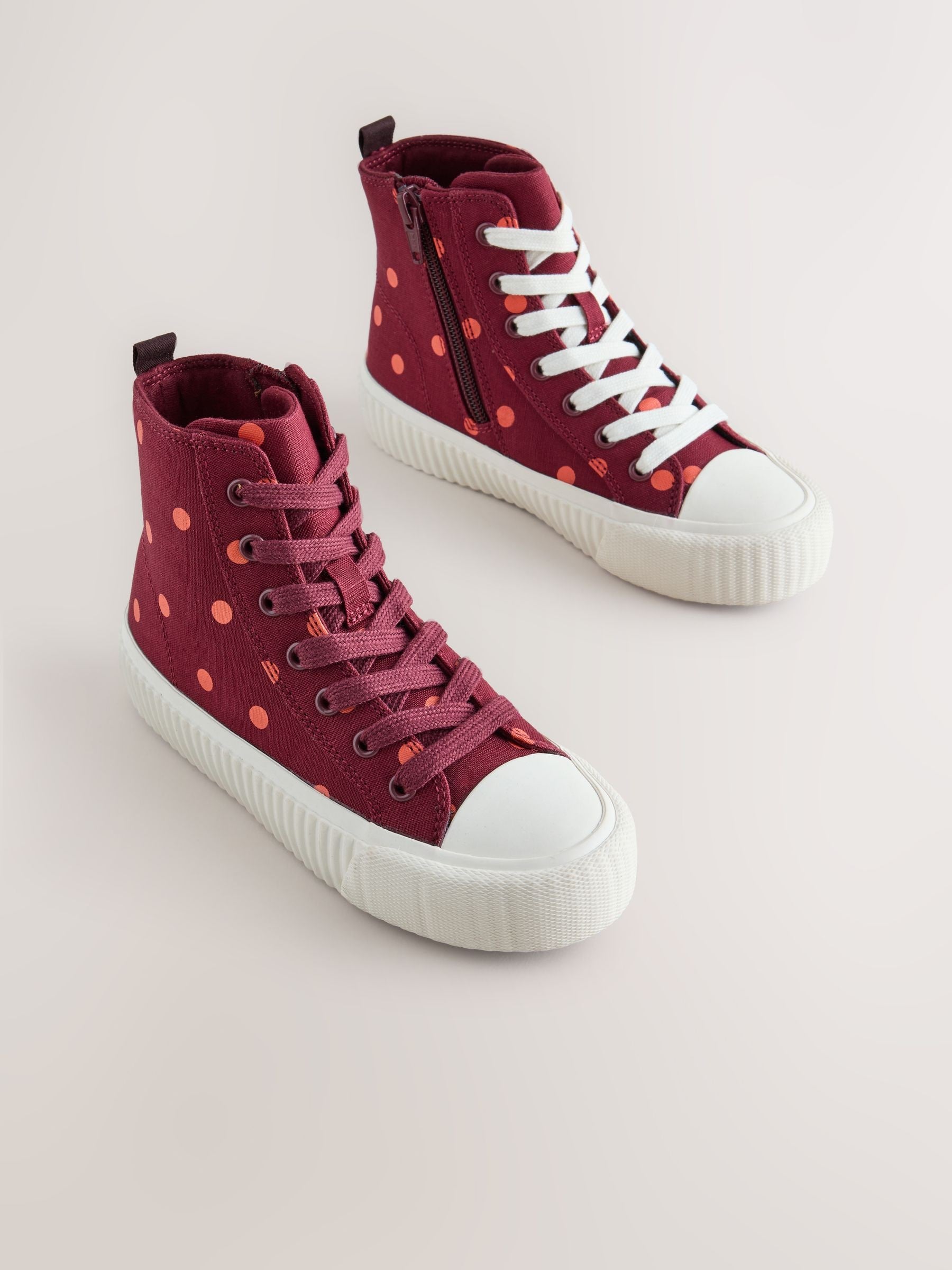 Burgundy Red Polka Dot Standard Fit (F) Lace Up High Top Trainers image 2