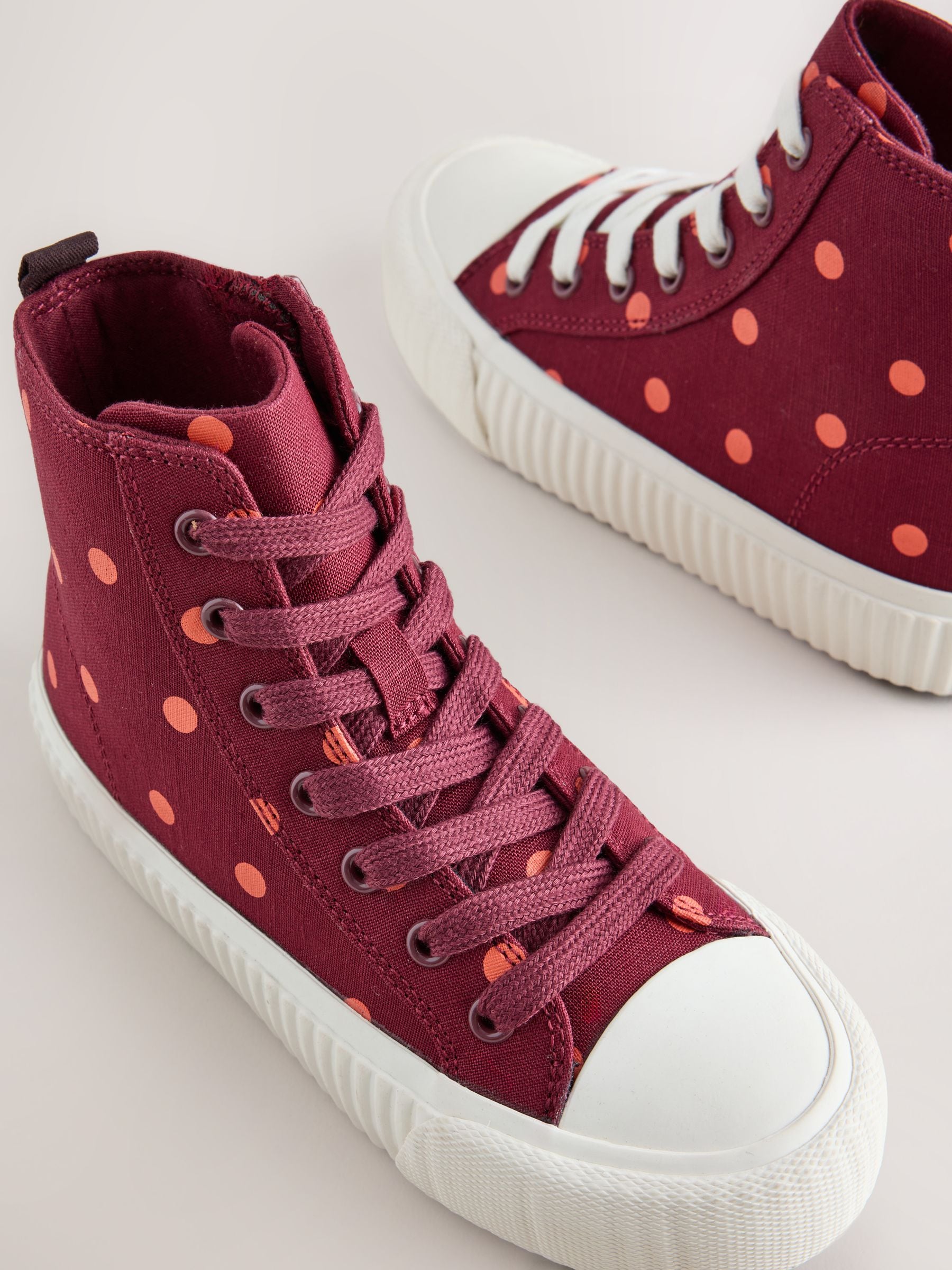 Burgundy Red Polka Dot Standard Fit (F) Lace Up High Top Trainers image 7