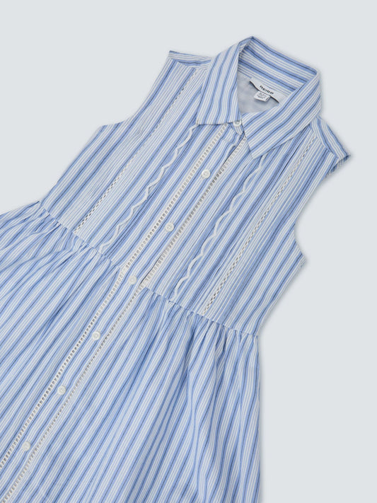 Reiss Blue/White Juliette Cotton Striped Lace-Trim Shirt Dress image 1