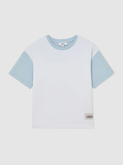 Reiss White/Pale Blue Jones 3-9 yrs Cotton Colour-Block Label T-Shirt image 1