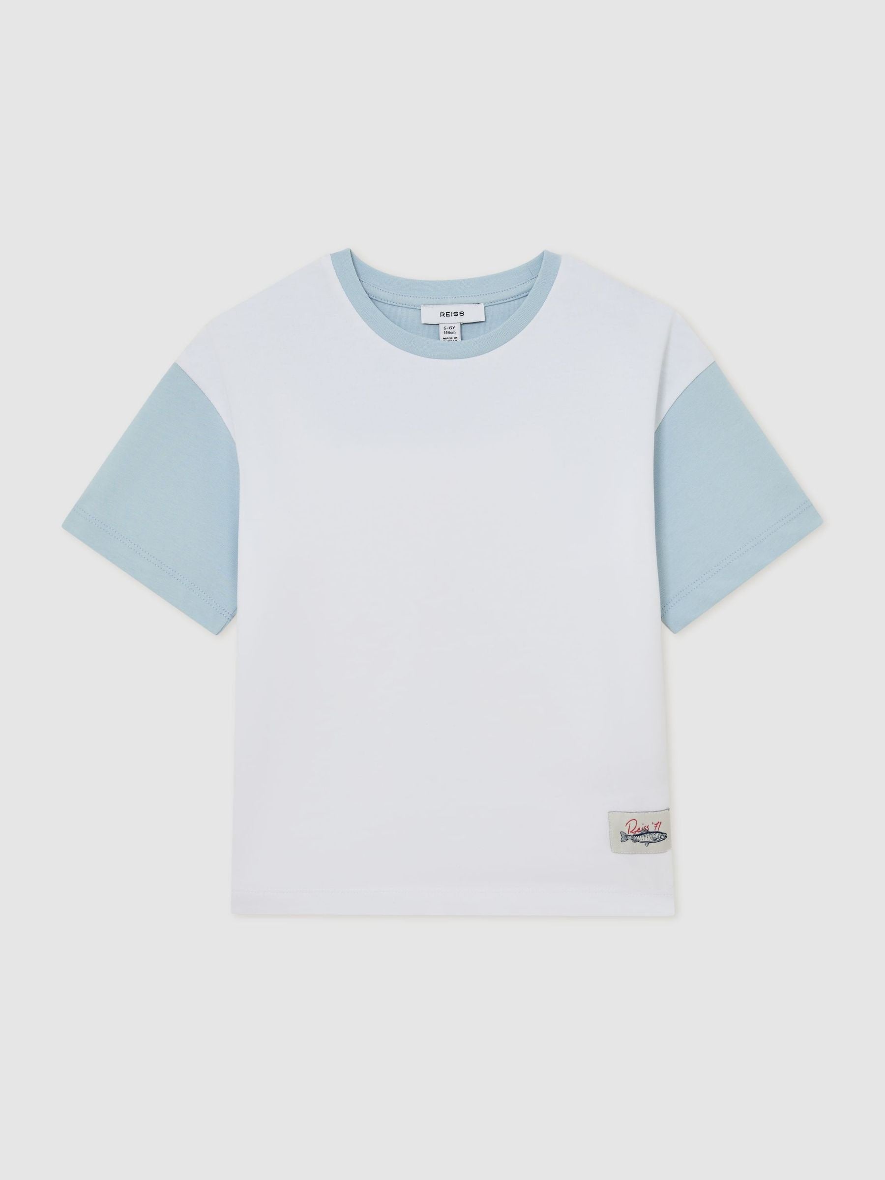 Reiss White/Pale Blue Jones 3-9 yrs Cotton Colour-Block Label T-Shirt image 1