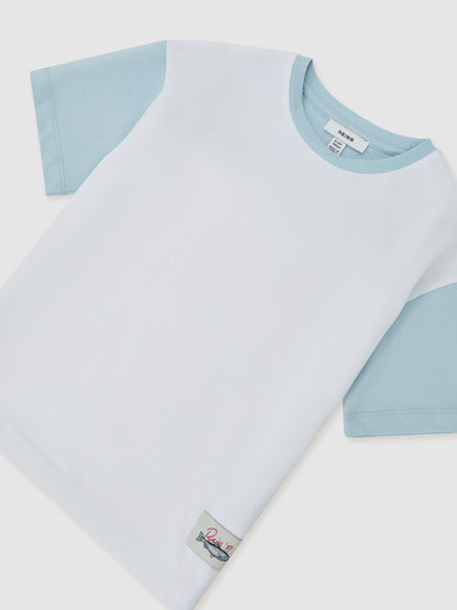 Reiss White/Pale Blue Jones 3-9 yrs Cotton Colour-Block Label T-Shirt image 3
