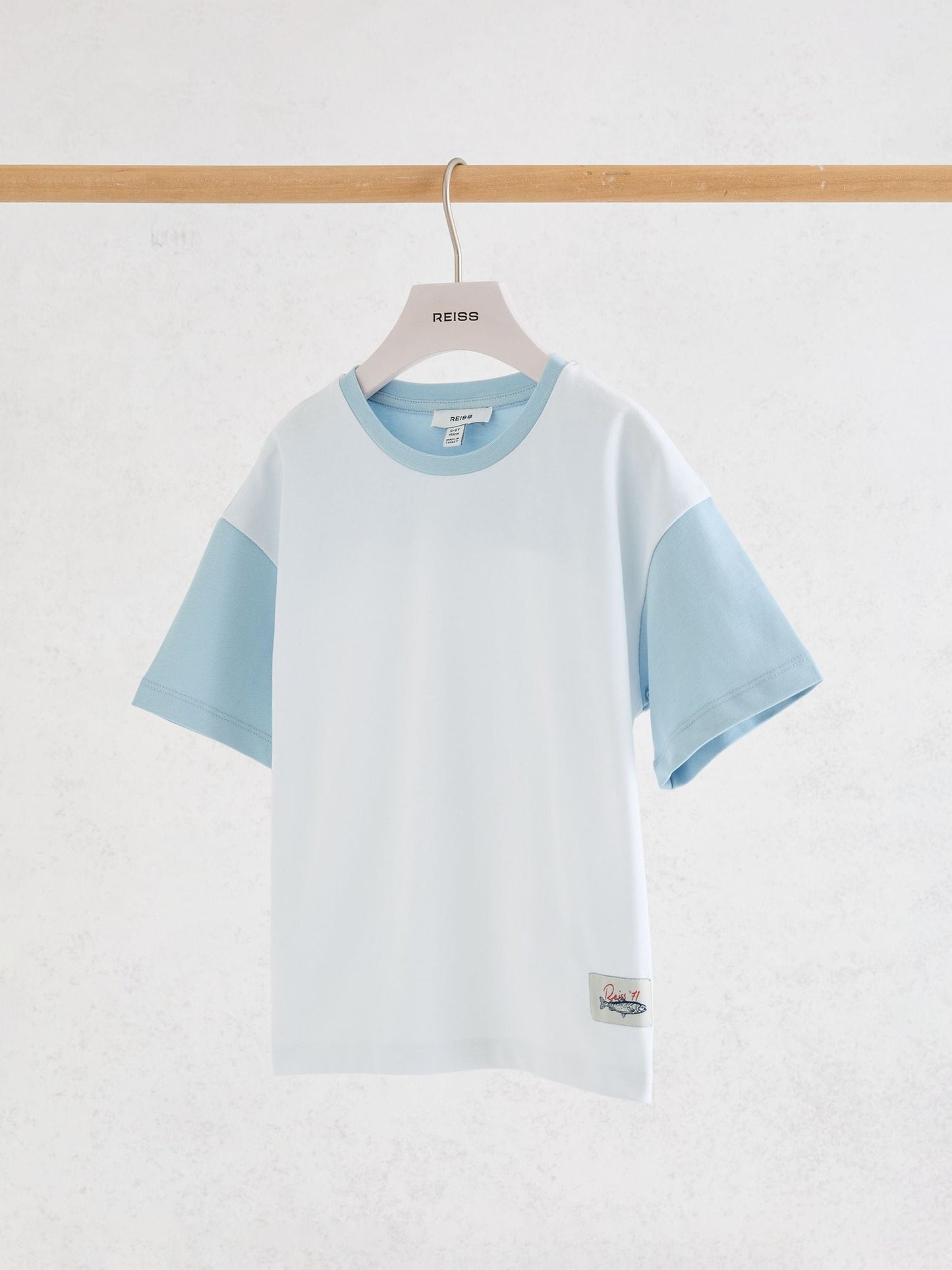 Reiss White/Pale Blue Jones 9-13 yrs Cotton Colour-Block Label T-Shirt image 1
