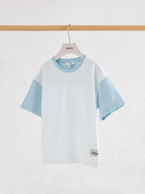 Reiss White/Pale Blue Jones 9-13 yrs Cotton Colour-Block Label T-Shirt image 1