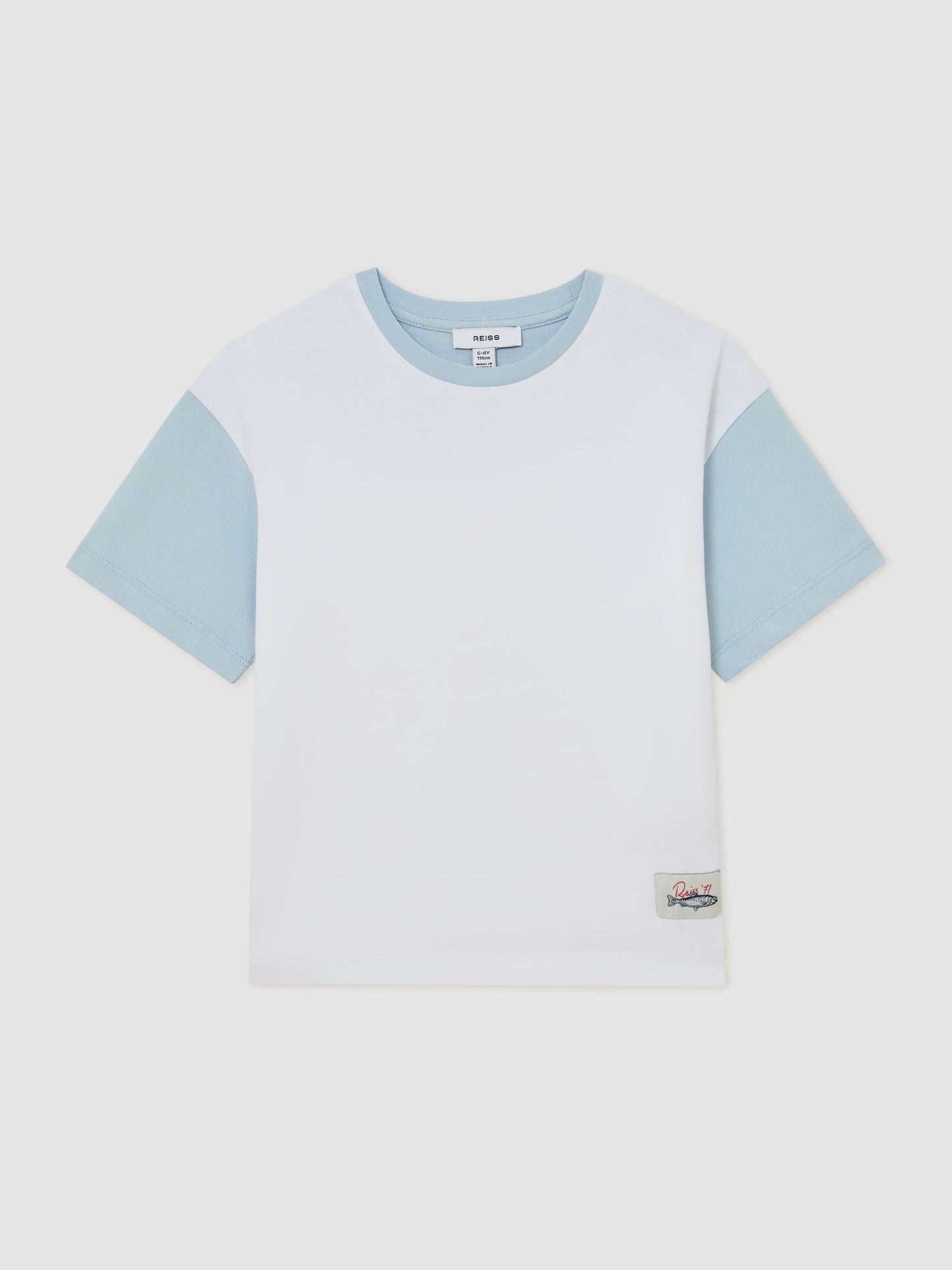 Reiss White/Pale Blue Jones 9-13 yrs Cotton Colour-Block Label T-Shirt image 2