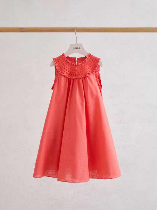 Reiss Coral Pink Larna 9-13 yrs Cotton Cutwork-Embroidery Swing Dress image 1