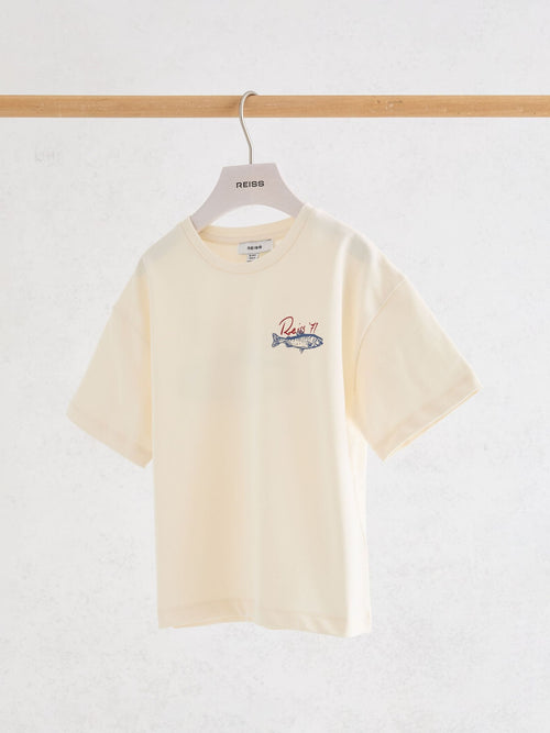 Reiss White Morgan 9-13 yrs Cotton Fish Logo Print T-Shirt image 1
