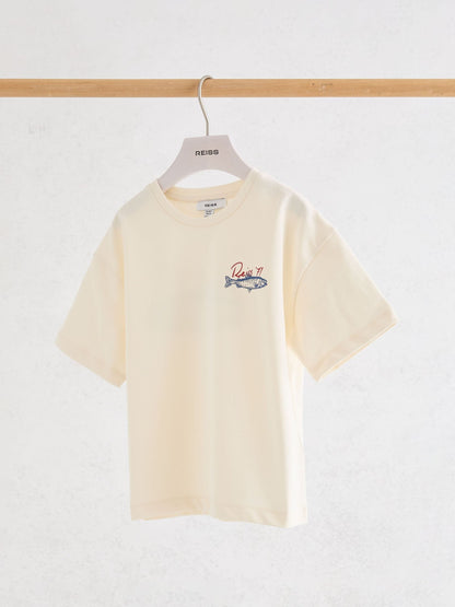 Reiss White Morgan 9-13 yrs Cotton Fish Logo Print T-Shirt image 1