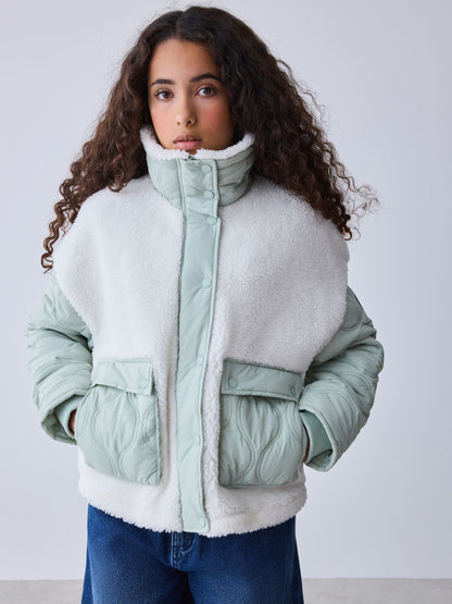 Baker by Ted Baker Cream Borg Fleece & Nylon Mix Quilted Funnel Neck Jacket - image 1