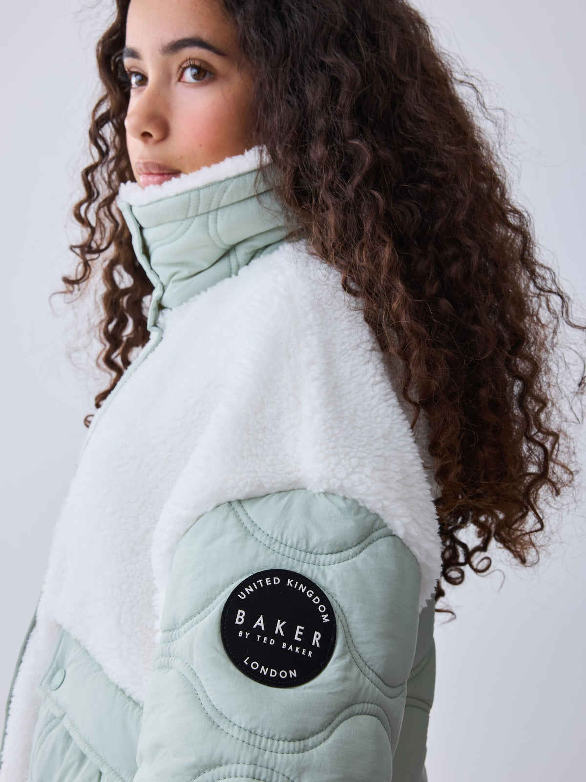 Baker by Ted Baker Cream Borg Fleece & Nylon Mix Quilted Funnel Neck Jacket - image 3