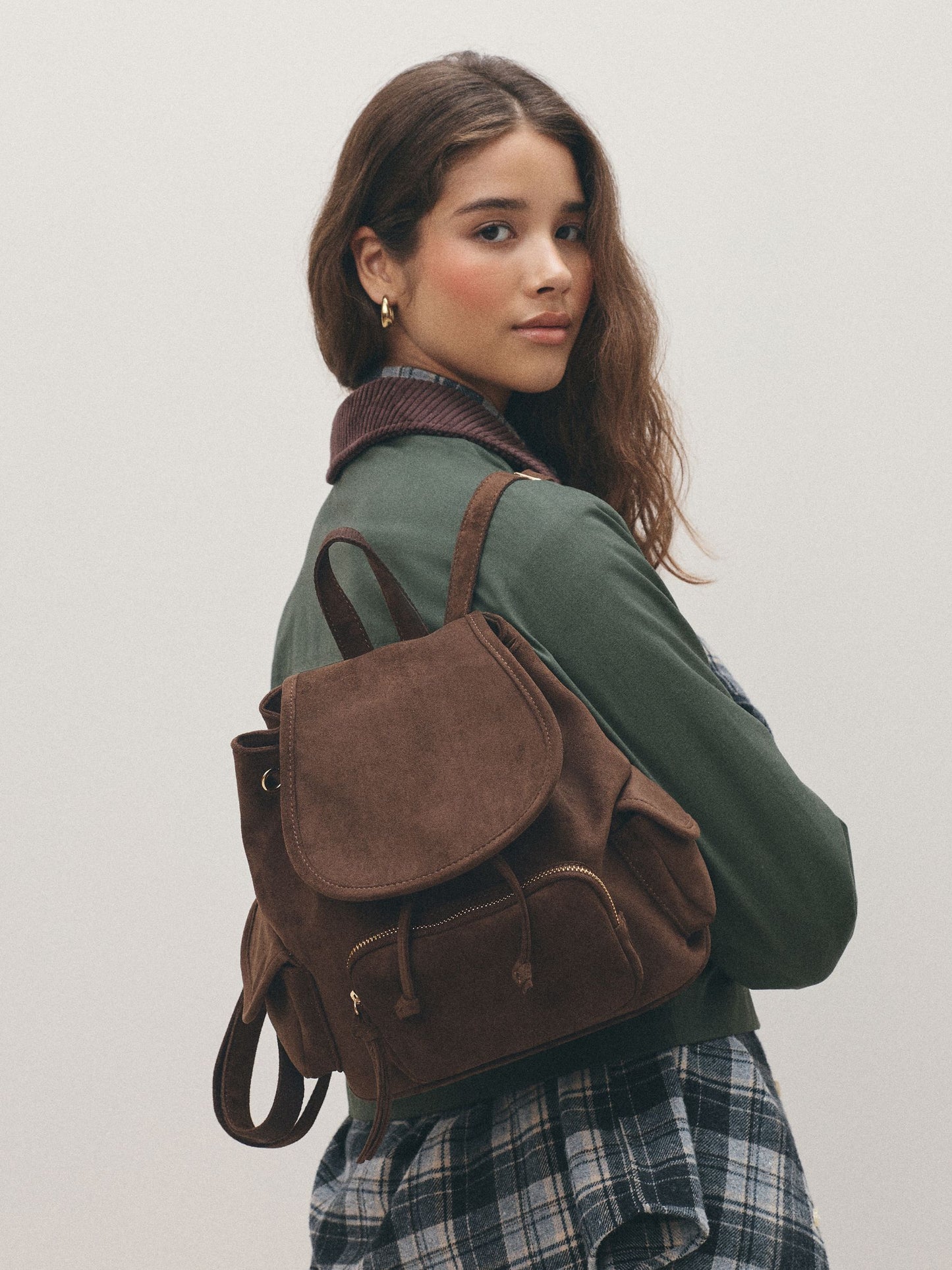 Tan Brown Small Suedette Rucksack Bag image 1