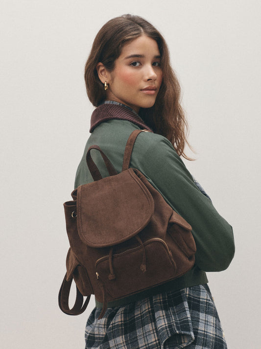 Tan Brown Small Suedette Rucksack Bag image 1
