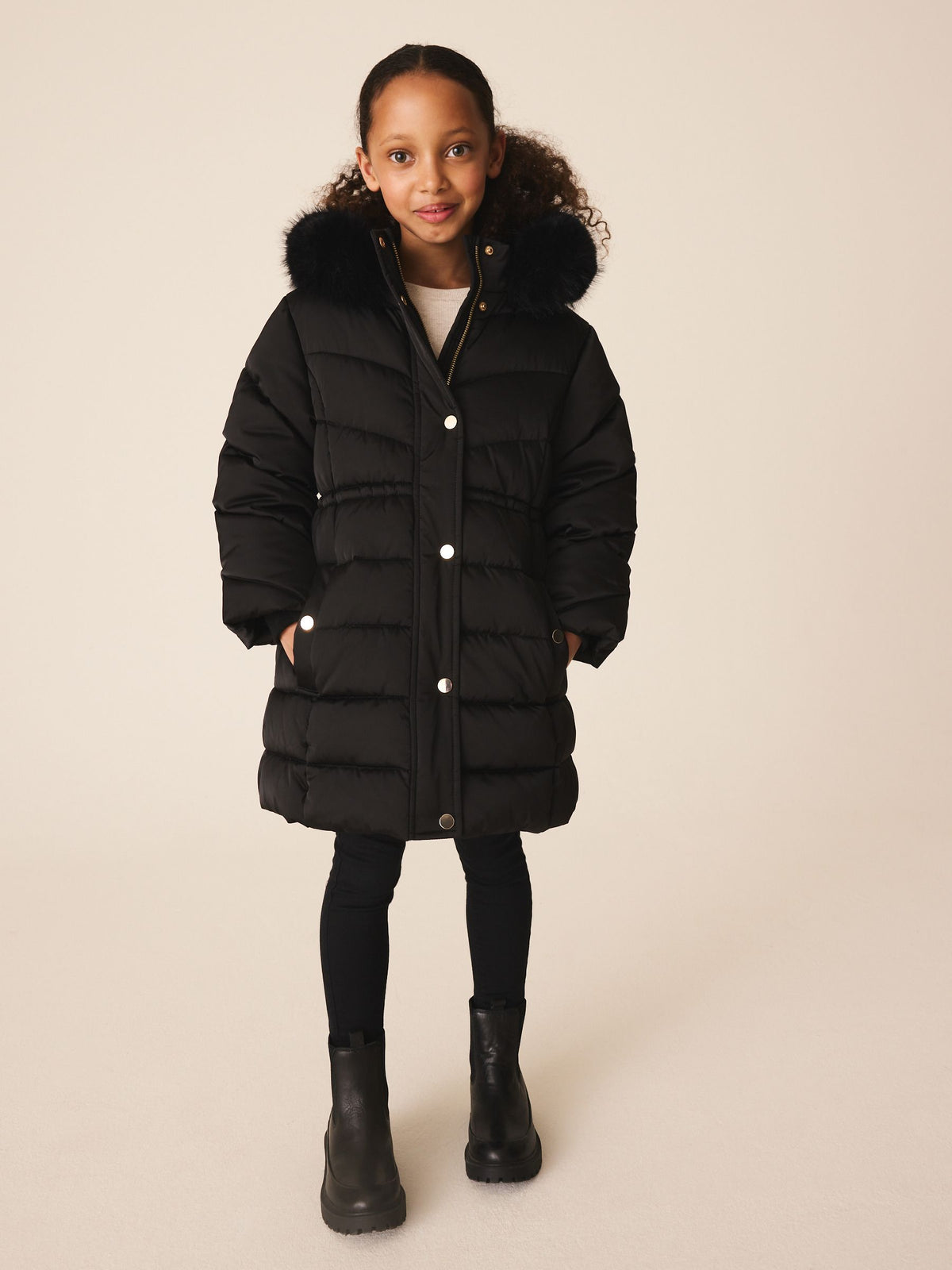 Black Shower Resistant Faux Fur Trim Padded Coat (3-16yrs) - image 1