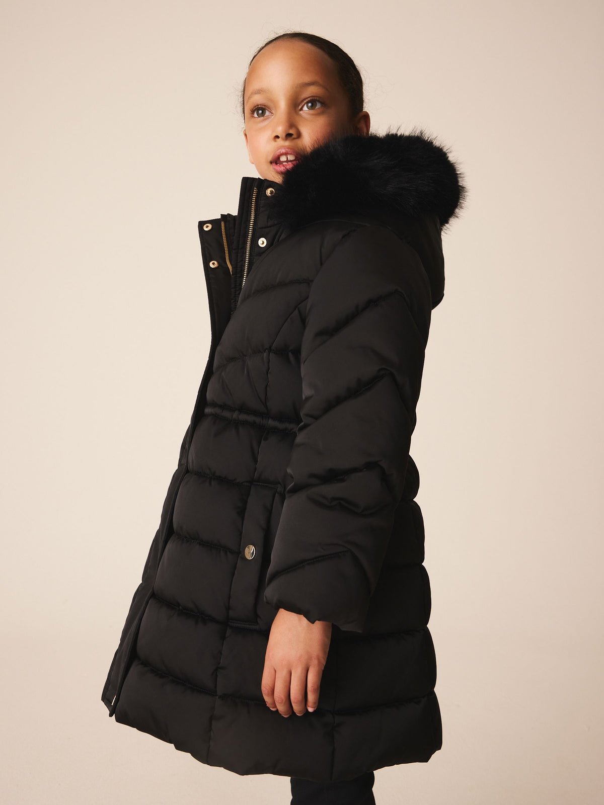Black Shower Resistant Faux Fur Trim Padded Coat (3-16yrs) - image 2