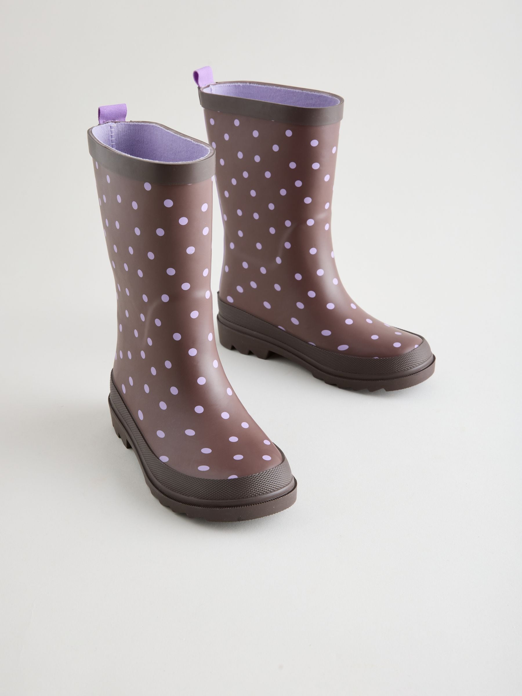 Chocolate Brown and Purple Polka Dot Standard Fit (F) Wellies image 1