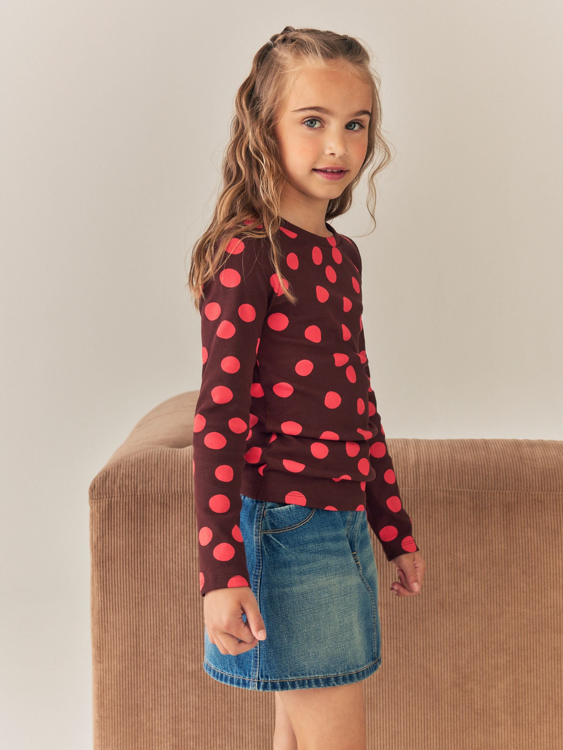 Dsiney Kidz - Chocolate Brown Spot Long Sleeve Ribbed Top (3-16yrs) image 1