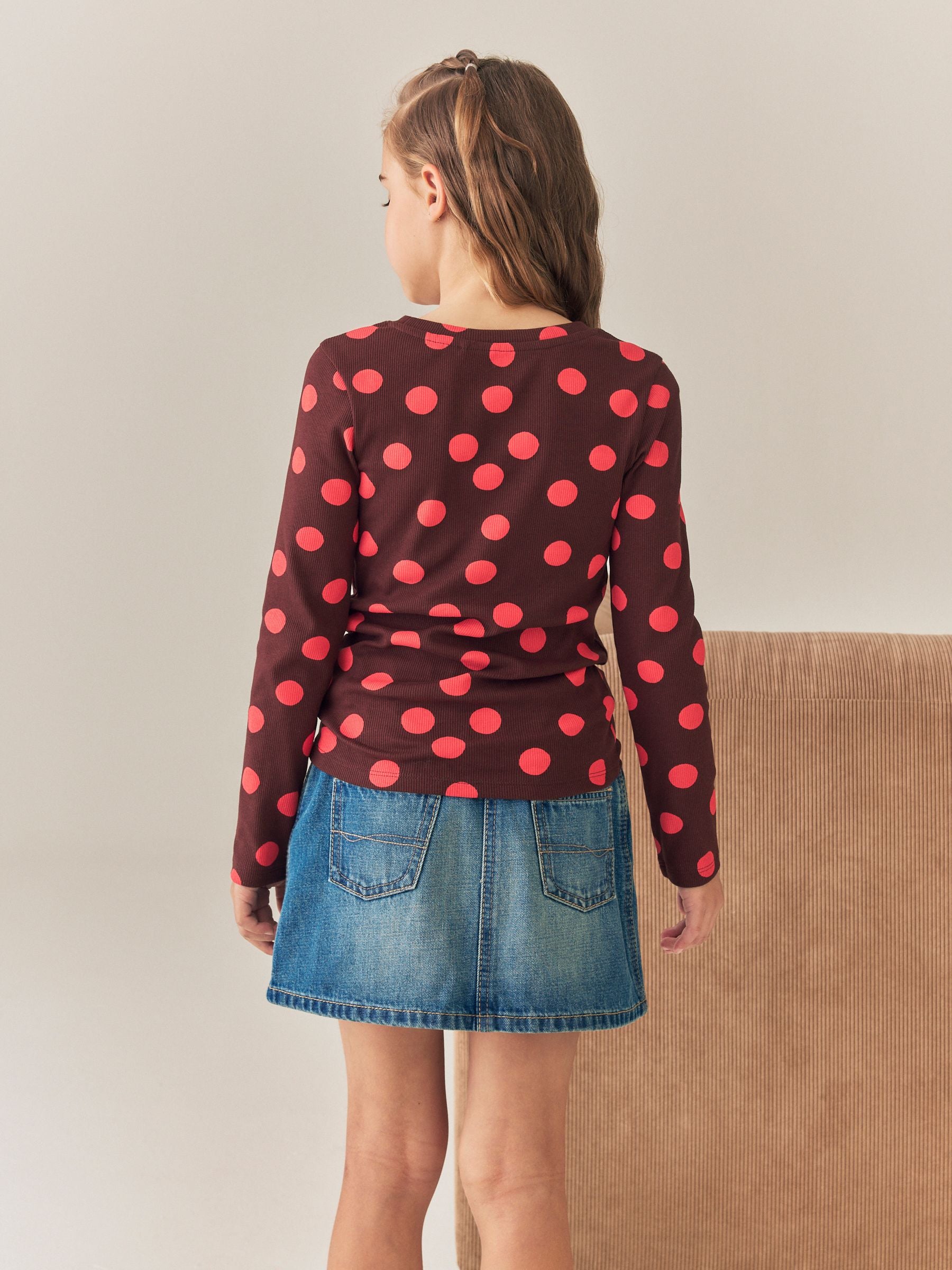 Dsiney Kidz - Chocolate Brown Spot Long Sleeve Ribbed Top (3-16yrs) image 3