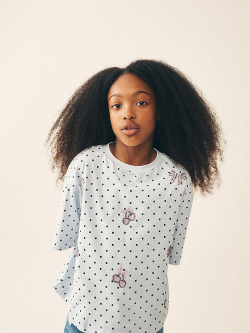Dsiney Kidz - Light Blue Polka Dot Bow Beaded T-Shirt (3-16yrs) image 1