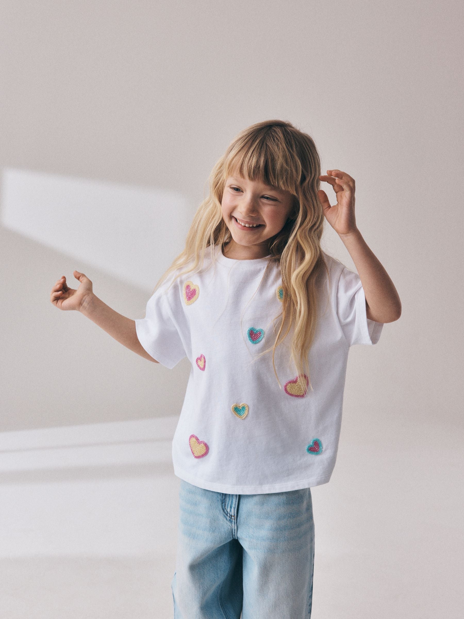 Dsiney Kidz - White Pastel Hearts Beaded T-Shirt (3-16yrs) image 2