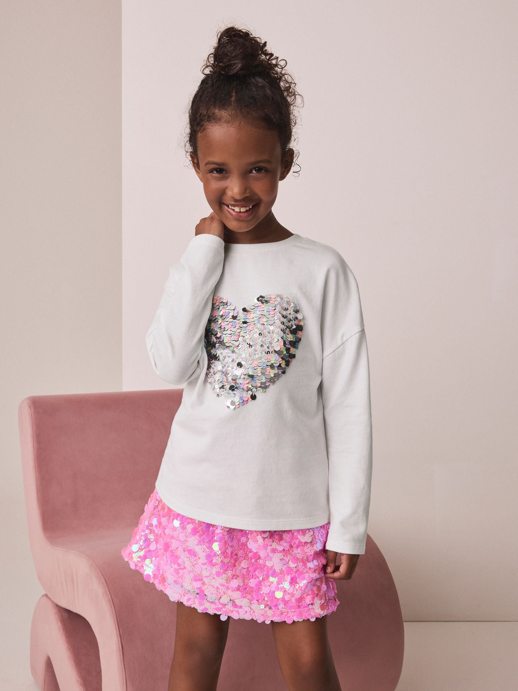 Dsiney Kidz - White Long Sleeve Sequin Heart Top (3-16yrs) image 1