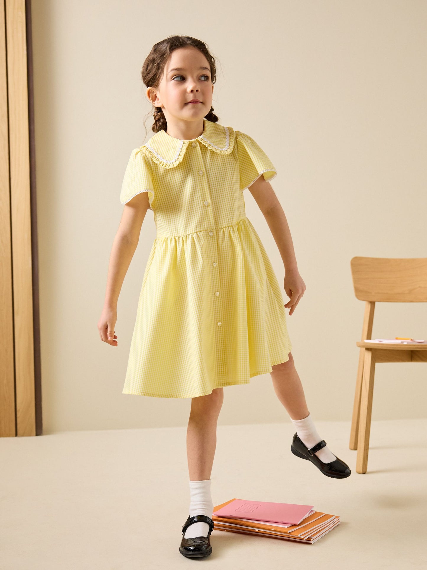 Yellow Gingham Cotton Rich Angel Sleeve School Dress (3-14yrs) image 1