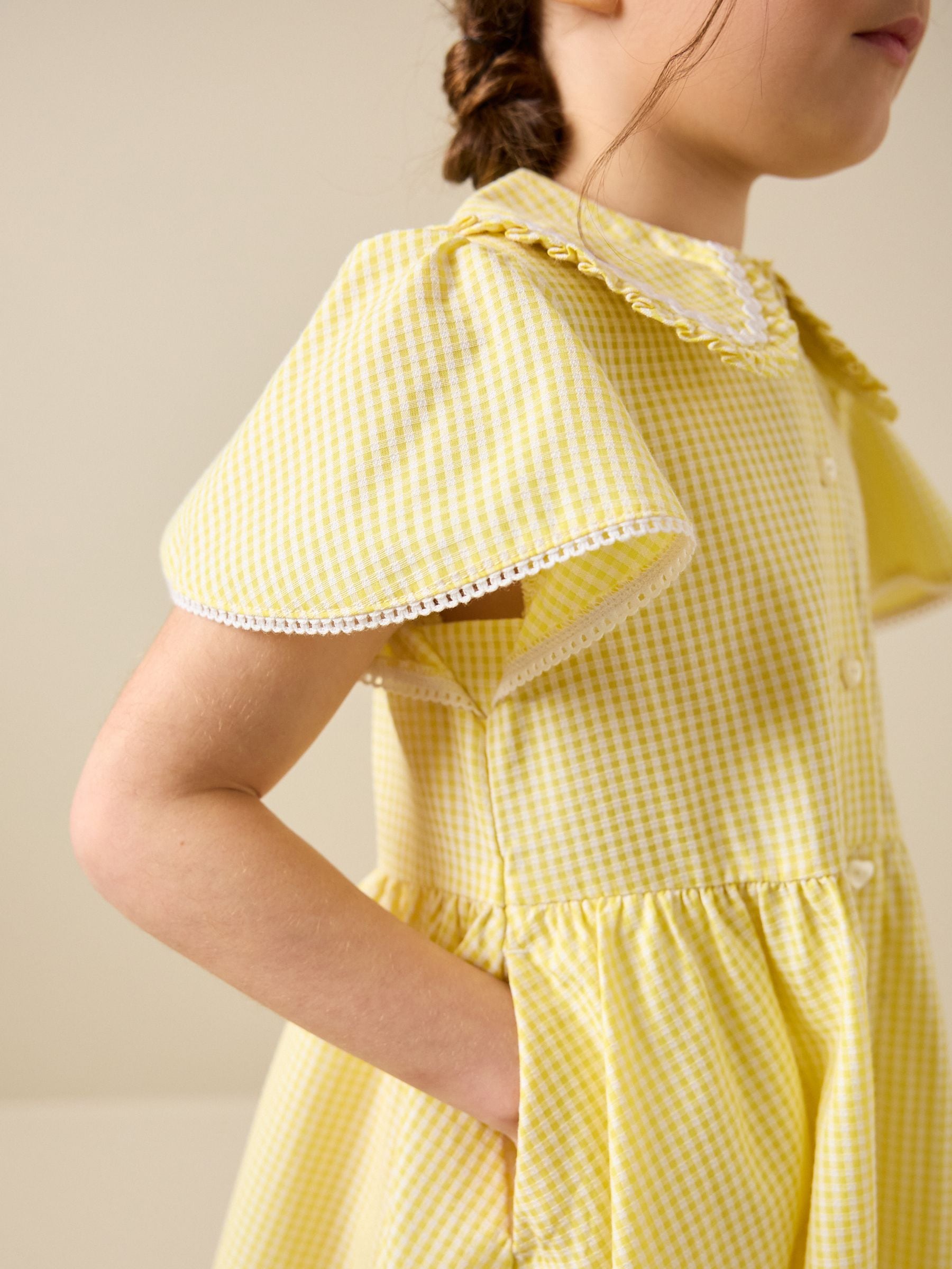 Yellow Gingham Cotton Rich Angel Sleeve School Dress (3-14yrs) image 4