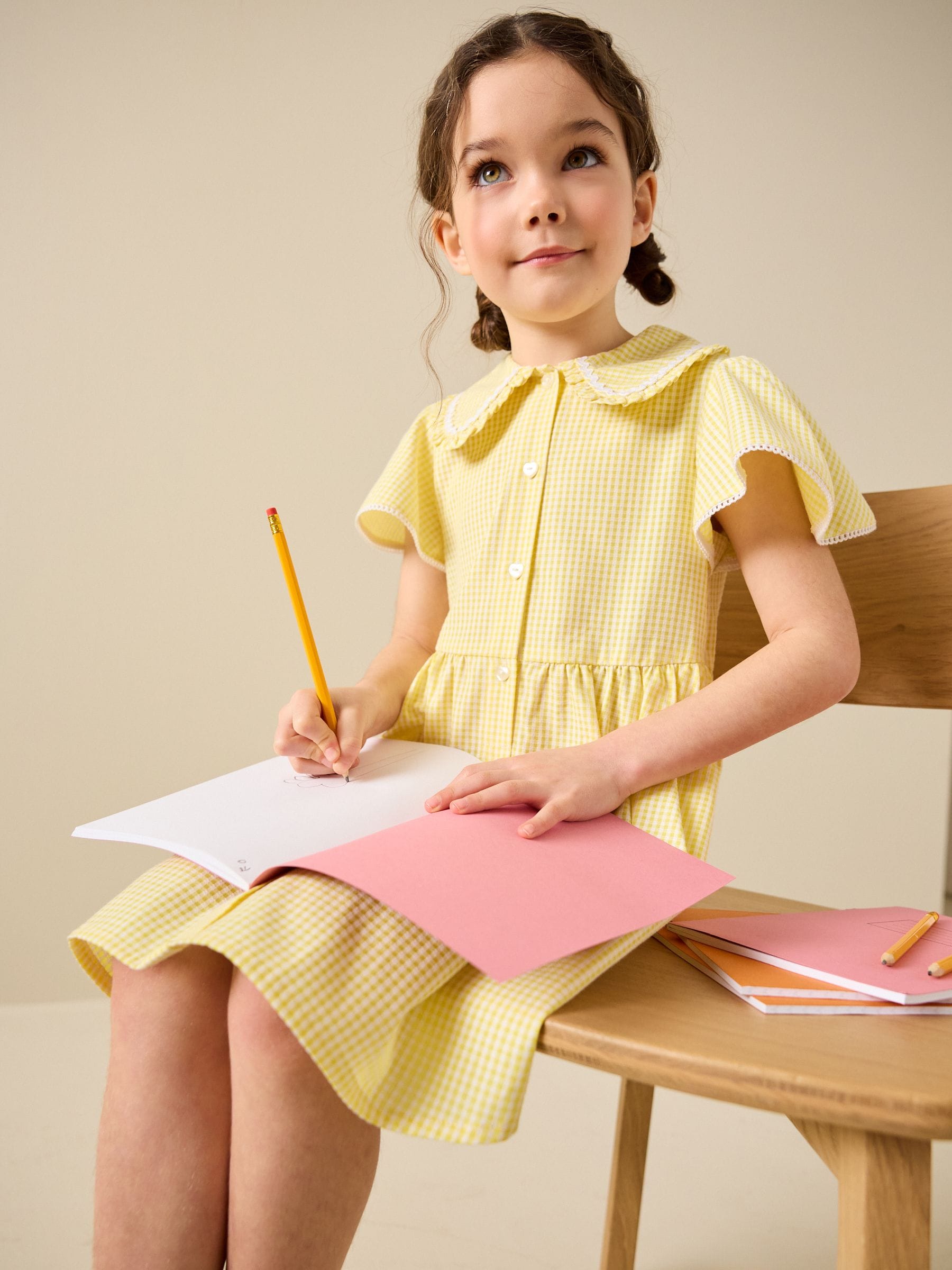 Yellow Gingham Cotton Rich Angel Sleeve School Dress (3-14yrs) image 5
