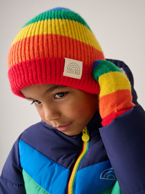 Dsiney Kidz - Little Bird by Jools Oliver Multi Bright Rainbow Stripe Knitted Beanie With Mittens/Gloves Set image 1