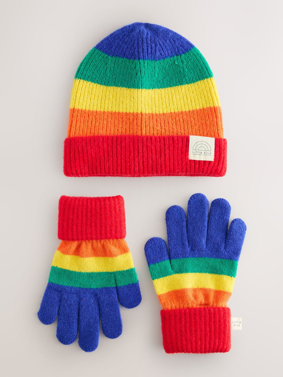 Dsiney Kidz - Little Bird by Jools Oliver Multi Bright Rainbow Stripe Knitted Beanie With Mittens/Gloves Set image 4