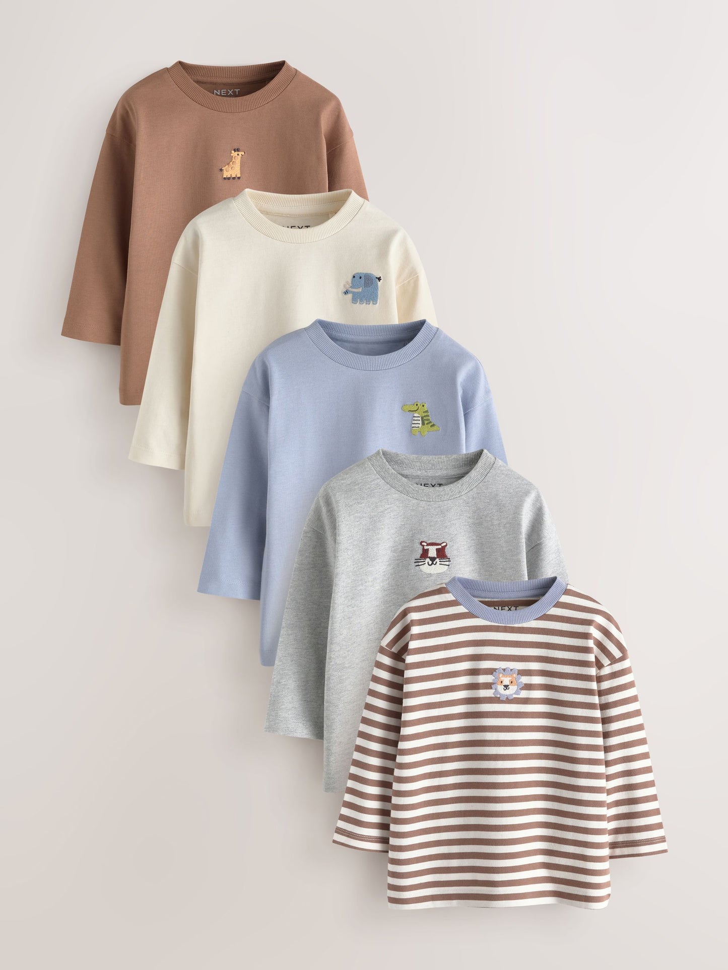 Dsiney Kidz - Brown/Cream Animal Embroidery Long Sleeve T-Shirts 5 Pack (3mths-7yrs) image 1