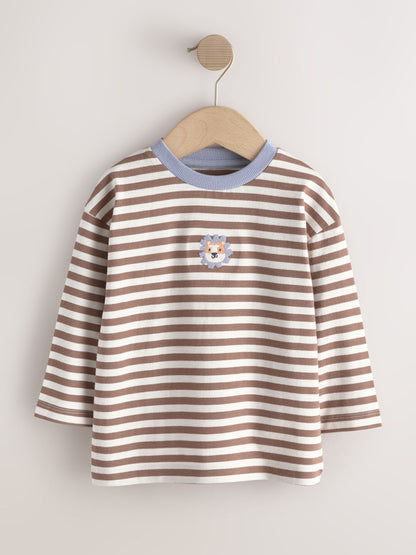Dsiney Kidz - Brown/Cream Animal Embroidery Long Sleeve T-Shirts 5 Pack (3mths-7yrs) image 2