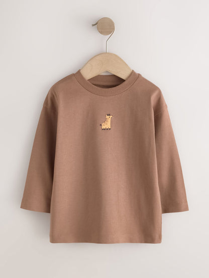 Dsiney Kidz - Brown/Cream Animal Embroidery Long Sleeve T-Shirts 5 Pack (3mths-7yrs) image 5