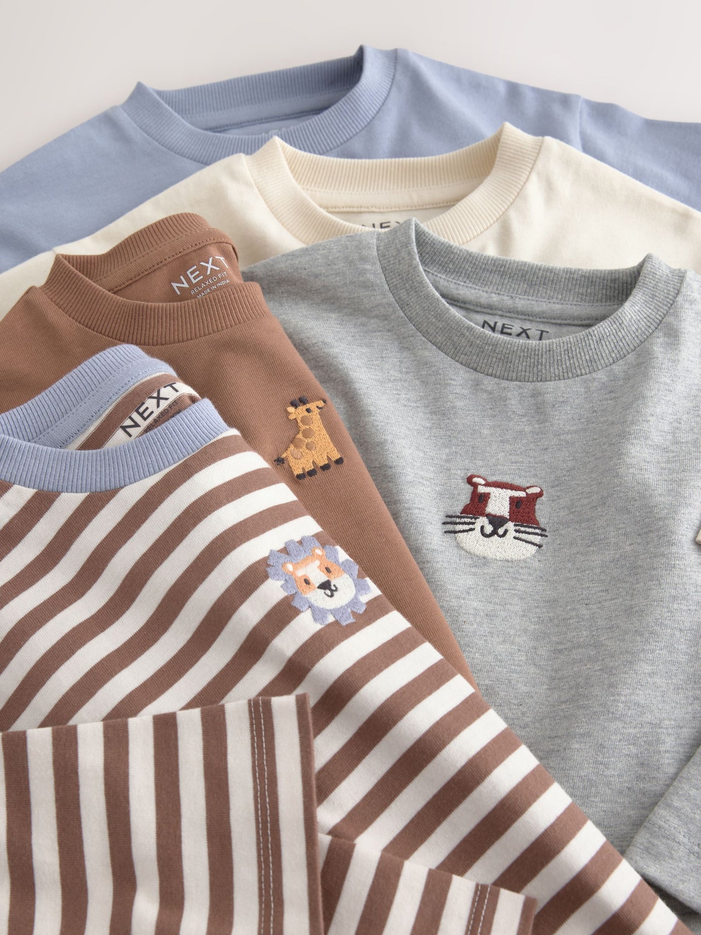 Dsiney Kidz - Brown/Cream Animal Embroidery Long Sleeve T-Shirts 5 Pack (3mths-7yrs) image 8