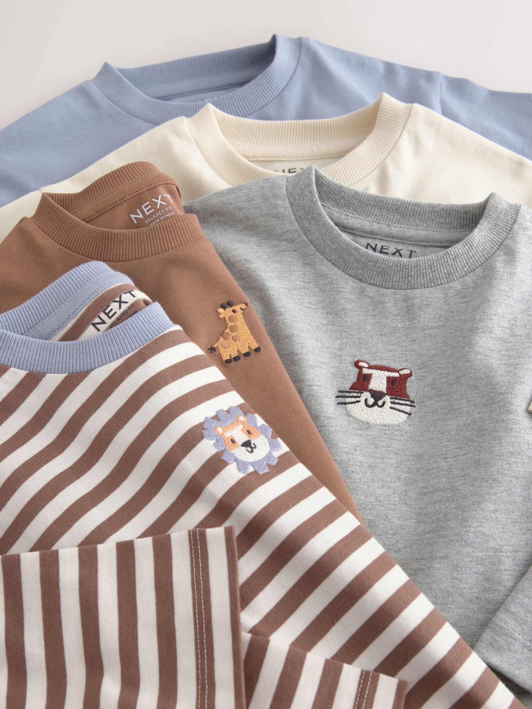 Dsiney Kidz - Brown/Cream Animal Embroidery Long Sleeve T-Shirts 5 Pack (3mths-7yrs) image 8