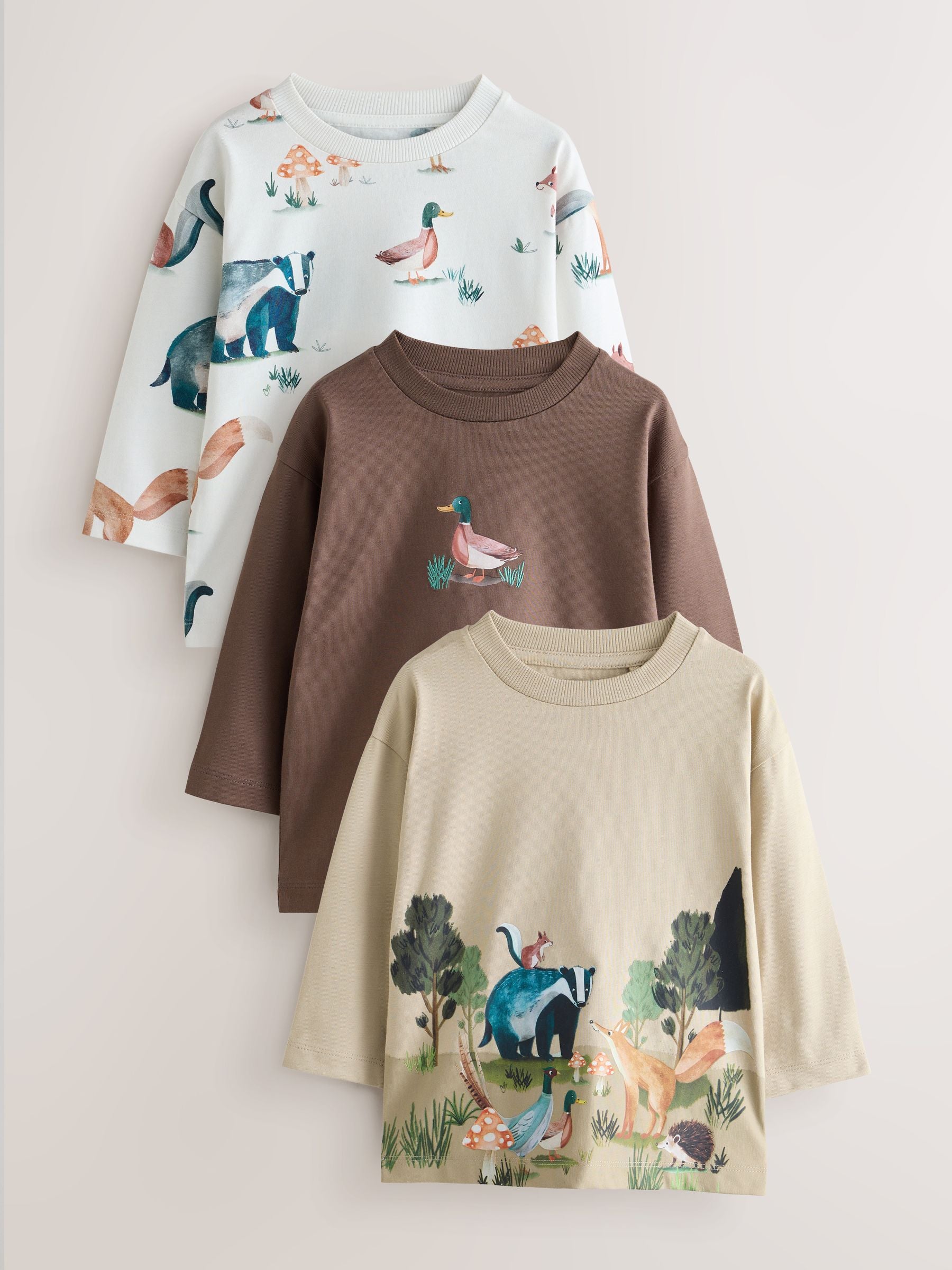 Dsiney Kidz - Neutral/Tan Woodland Watercolour Long Sleeve Graphic T-Shirts 3 Pack (3mths-7yrs) image 1