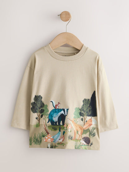 Dsiney Kidz - Neutral/Tan Woodland Watercolour Long Sleeve Graphic T-Shirts 3 Pack (3mths-7yrs) image 3