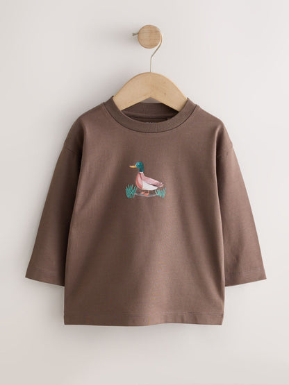Dsiney Kidz - Neutral/Tan Woodland Watercolour Long Sleeve Graphic T-Shirts 3 Pack (3mths-7yrs) image 4