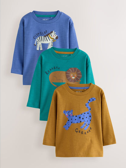Dsiney Kidz - Green/Blue Animal Long Sleeve Graphic T-Shirts 3 Pack (3mths-7yrs) image 1