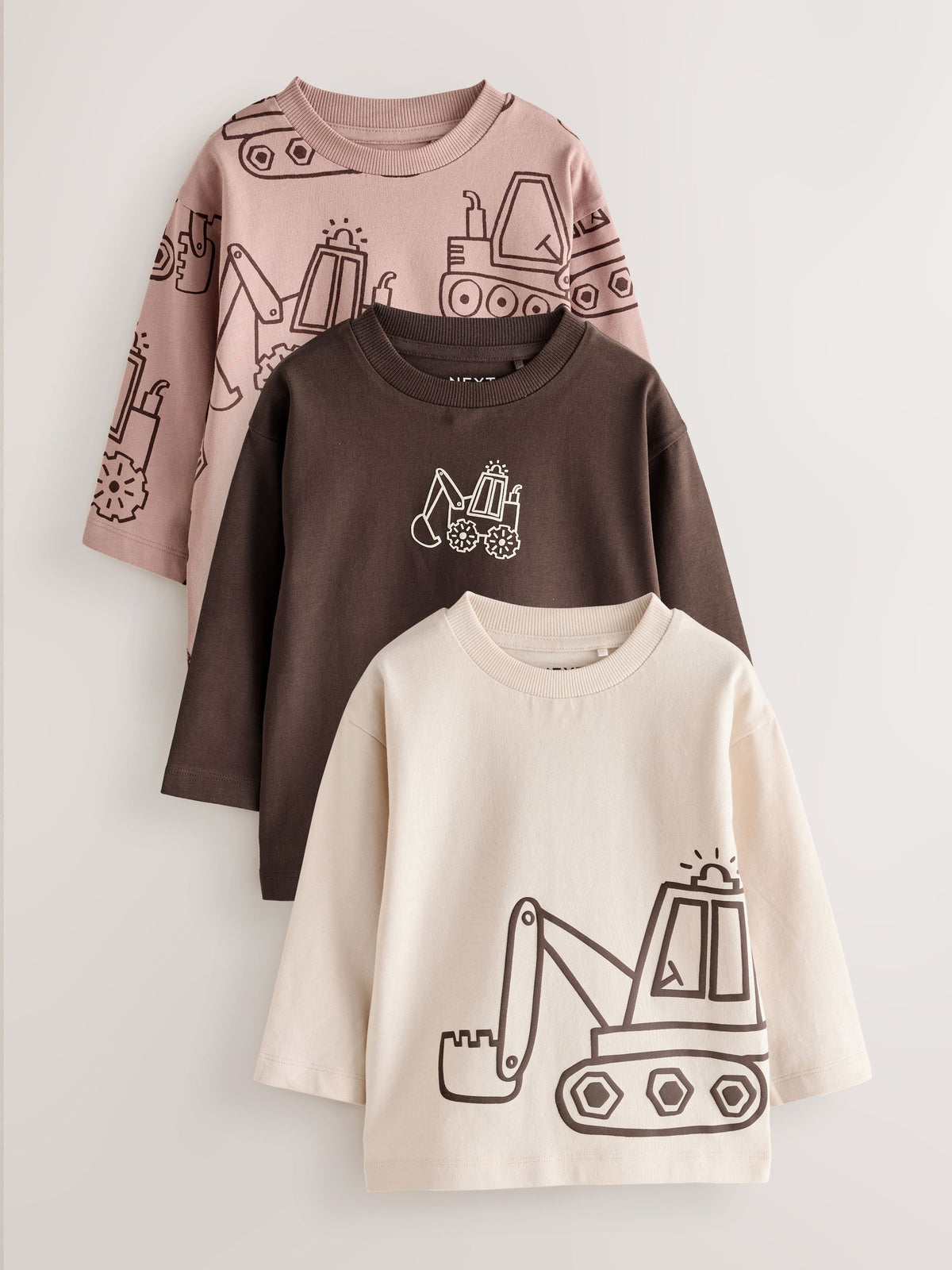 Dsiney Kidz - Neutral Digger Long Sleeve Graphic T-Shirts 3 Pack (3mths-7yrs) image 1