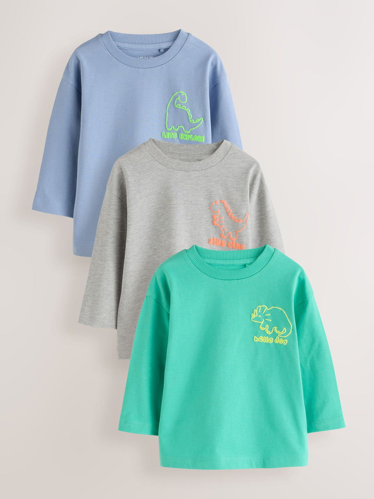 Blue/Green/Grey Dino Long Sleeve Graphic T-Shirts 3 Pack (3mths-7yrs) - image 1