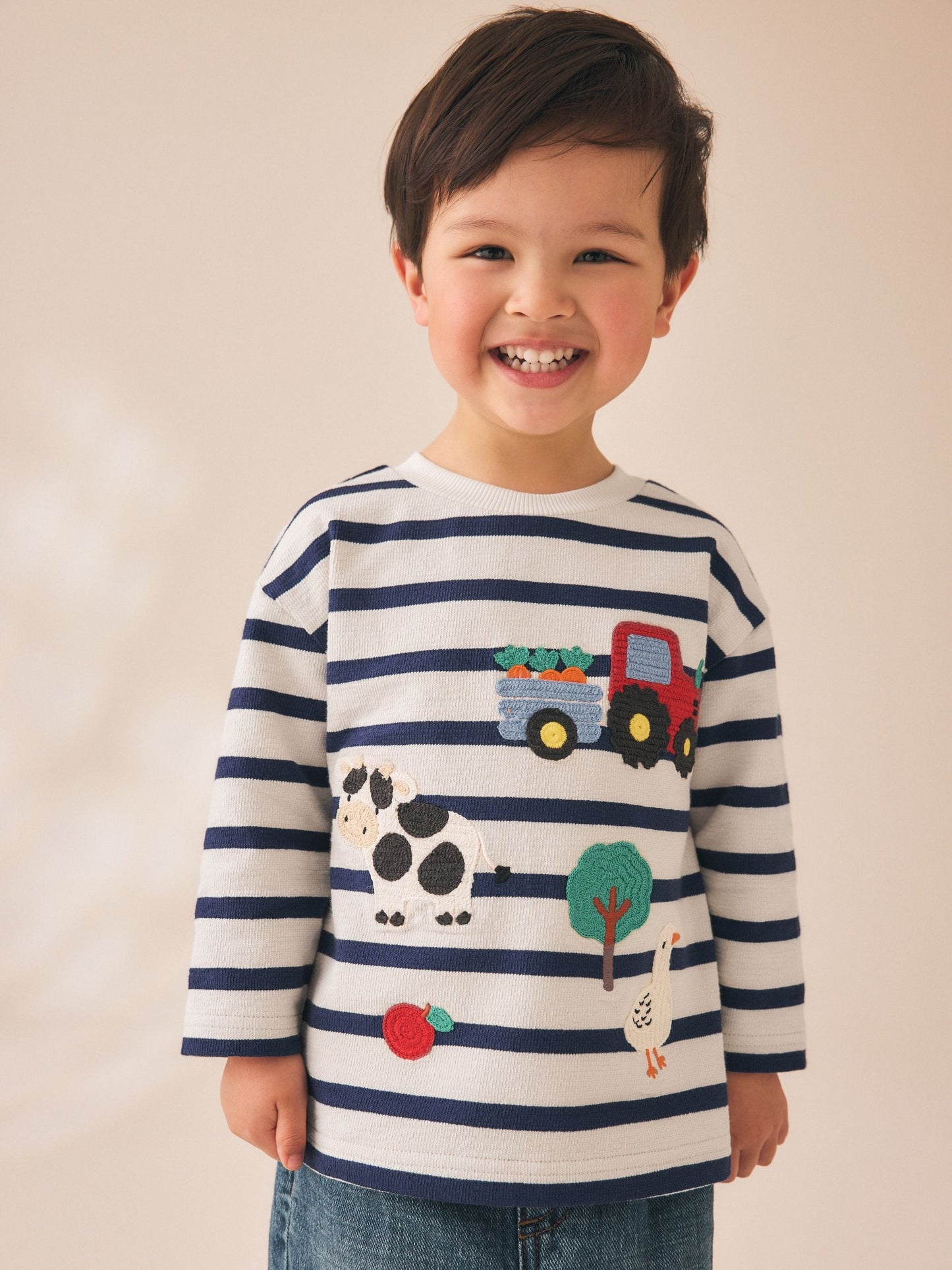 Dsiney Kidz - Cream/Navy Stripe Farm Embroidery Long Sleeve Appliqué T-Shirt (3mths-7yrs) image 1
