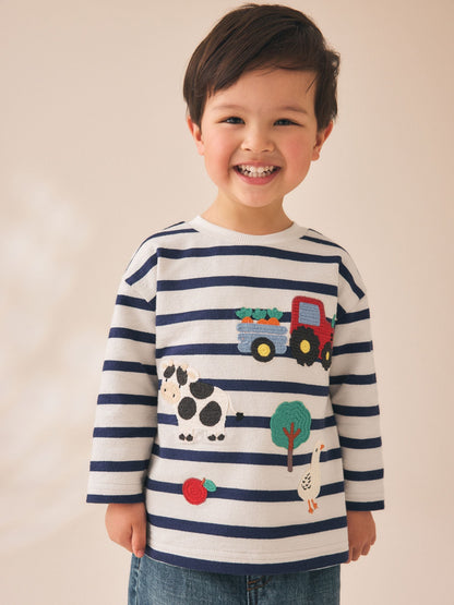 Dsiney Kidz - Cream/Navy Stripe Farm Embroidery Long Sleeve Appliqué T-Shirt (3mths-7yrs) image 1