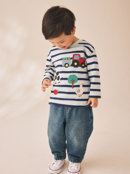 Dsiney Kidz - Cream/Navy Stripe Farm Embroidery Long Sleeve Appliqué T-Shirt (3mths-7yrs) image 2