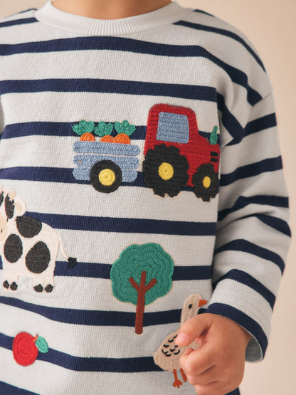 Dsiney Kidz - Cream/Navy Stripe Farm Embroidery Long Sleeve Appliqué T-Shirt (3mths-7yrs) image 4
