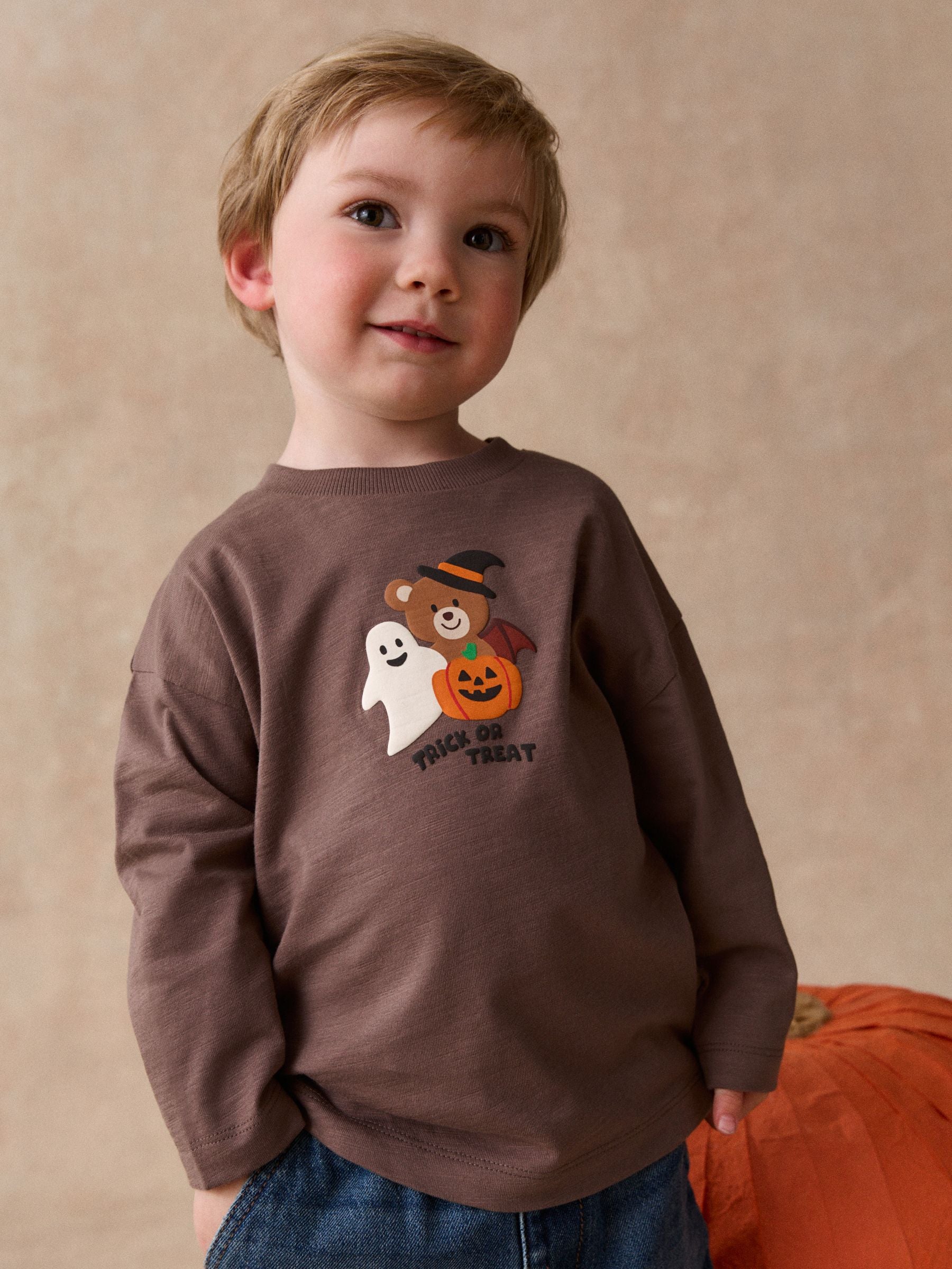 Dsiney Kidz - Brown Halloween Trick or Treat Character Long Sleeve Back Graphic T-Shirt (3mths-7yrs) image 1
